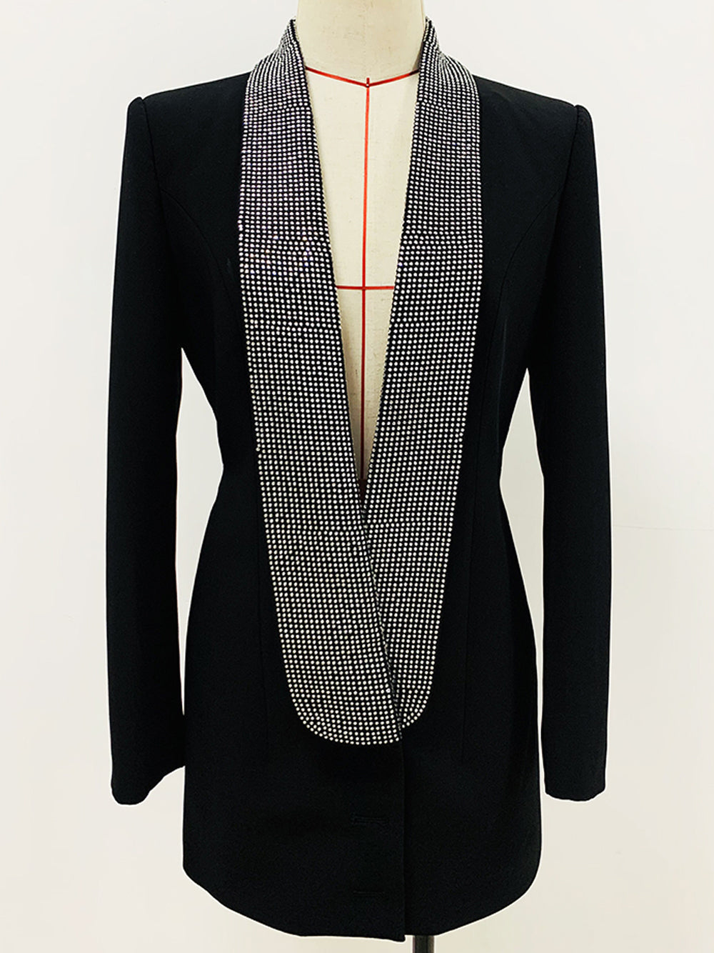 Black Crystal Embellished Shawl Lapel Long Sleeve Blazer