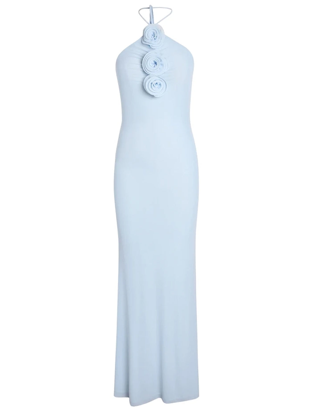 Light Blue Halter Neck Rosette Applique Bodycon Mermaid Maxi Gown 5
