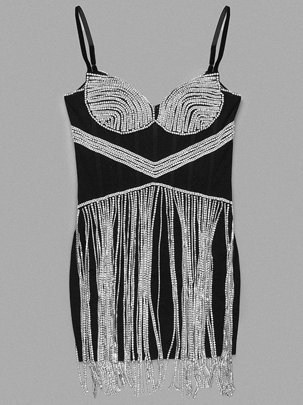 Black Spaghetti Strap Rhinestone Bustier Mesh Chain Fringe Bodycon Mini Dress 3