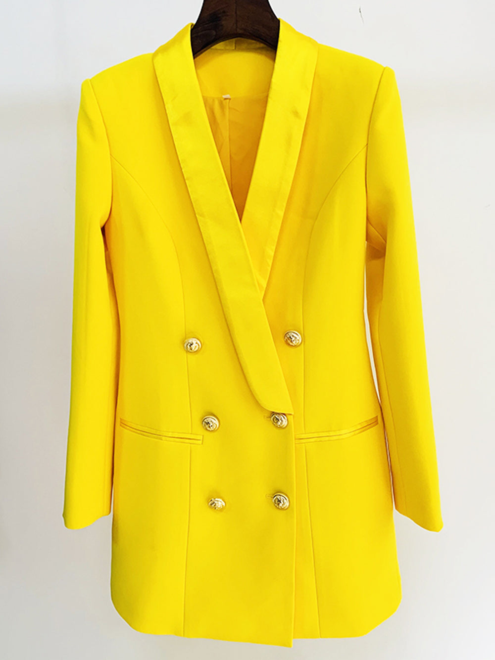 Yellow Shawl Lapel Double Breasted Gold Button Blazer Mini Dress 6