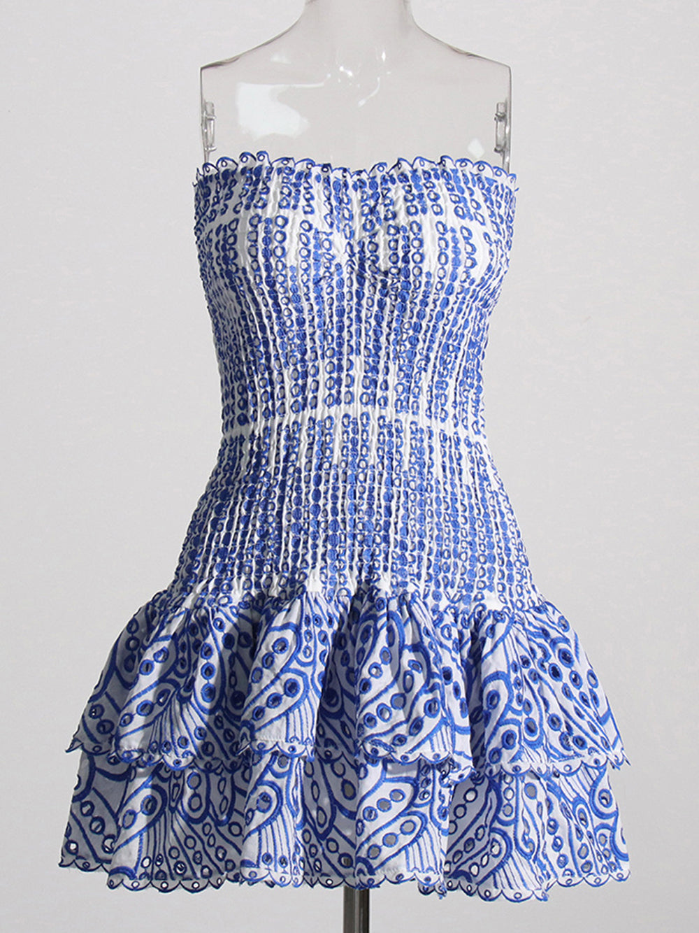 Strapless Shirred Bodice Eyelet Tiered Ruffle Bodycon Mini Dress 10
