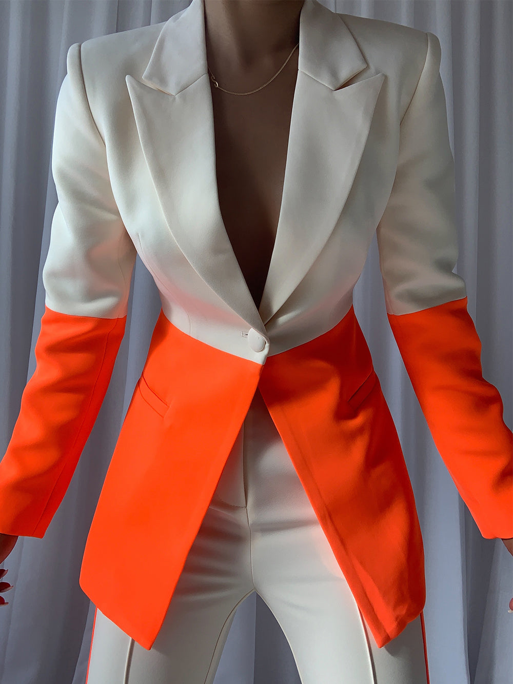 Orange Notch Lapel Color Block Blazer And Flare Pants Set 3