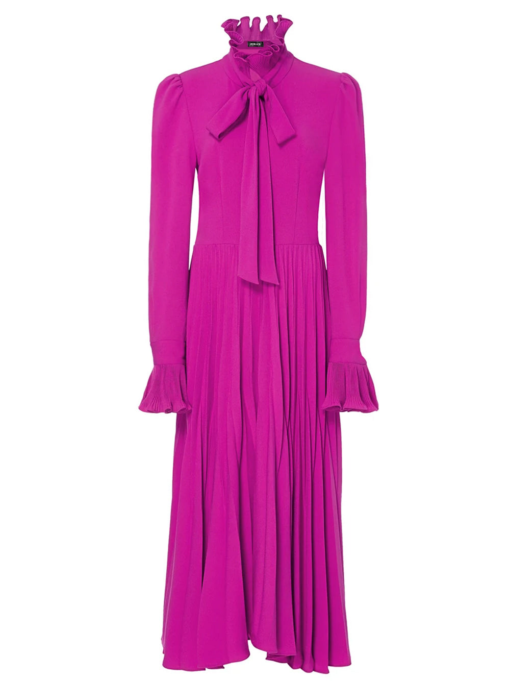 Fuchsia Tie Neck Bow Ruffle Sleeve Pleated A-Line Maxi Dress 4