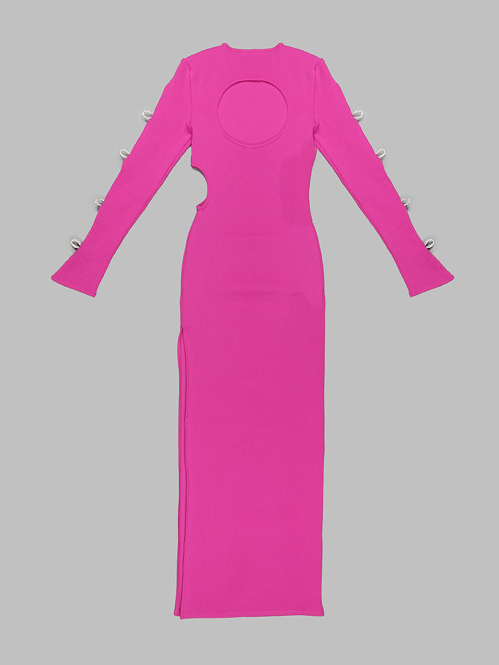 Fuchsia Round Neck Rhinestone Bow Cutout Ribbed High Slit Maxi Dress 9