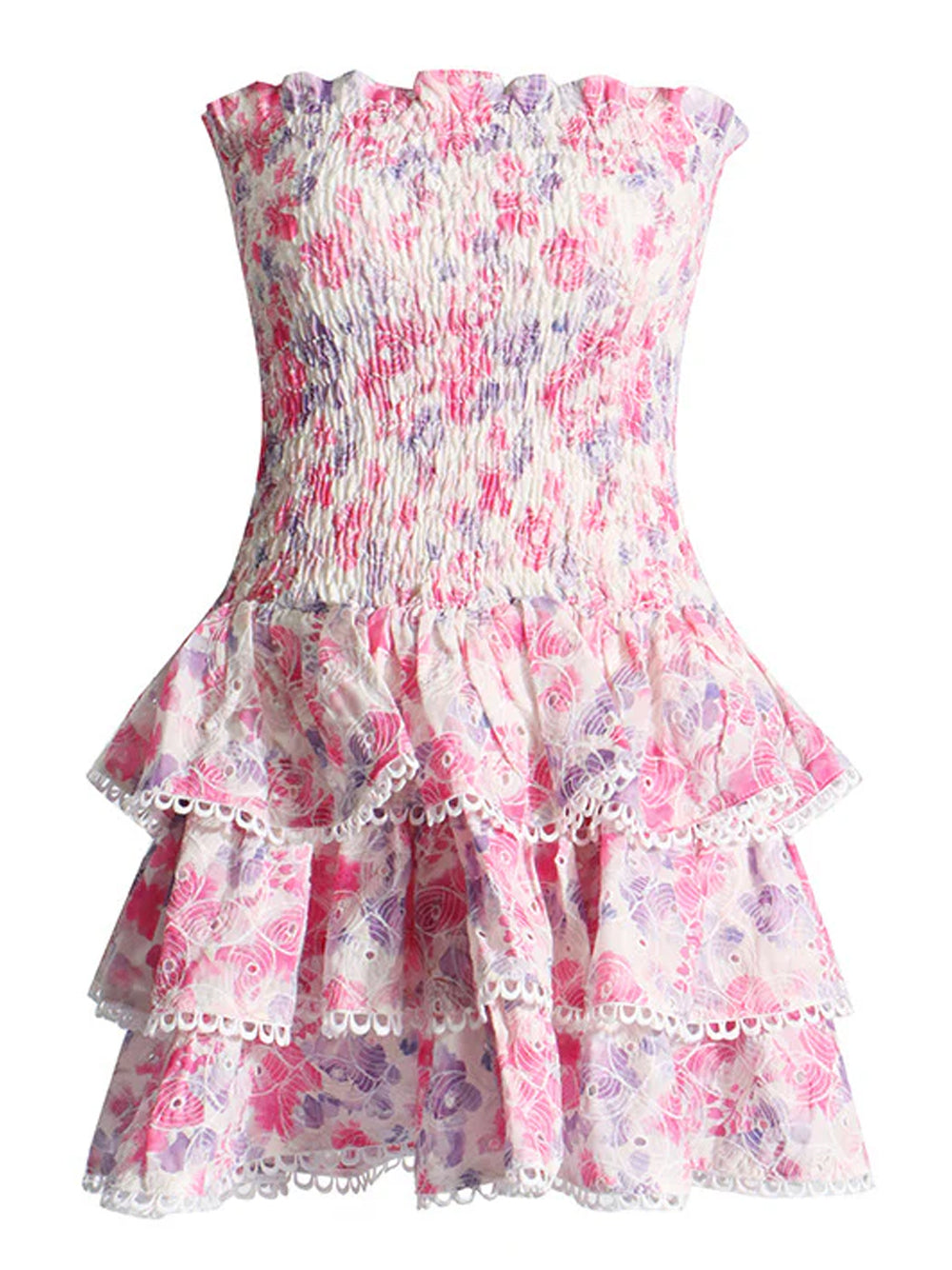 Pink Strapless Shirred Floral Tiered Ruffle Scalloped Trim Mini Dress 14