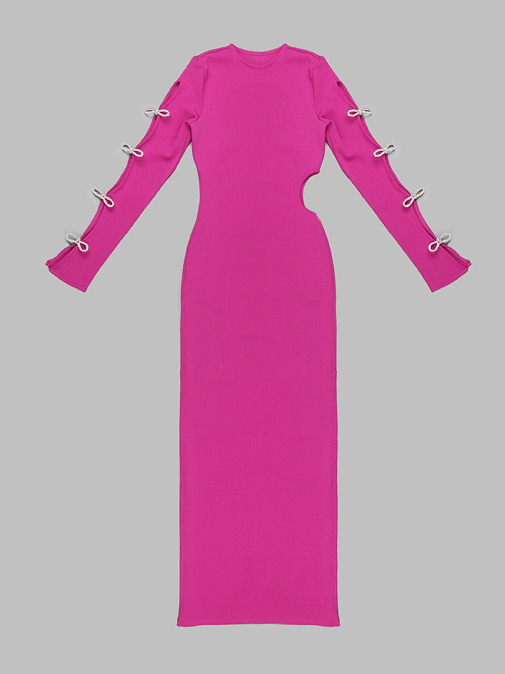 Fuchsia Round Neck Rhinestone Bow Cutout Ribbed High Slit Maxi Dress 8