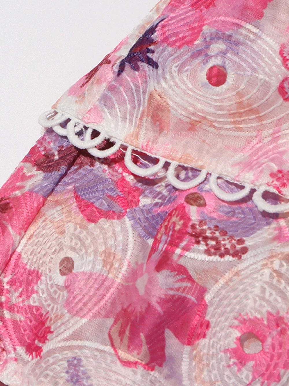 Pink Strapless Shirred Floral Tiered Ruffle Scalloped Trim Mini Dress 10