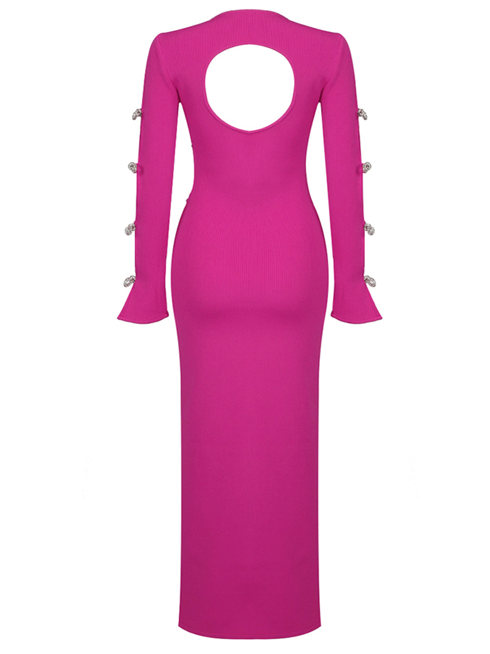 Fuchsia Round Neck Rhinestone Bow Cutout Ribbed High Slit Maxi Dress 4