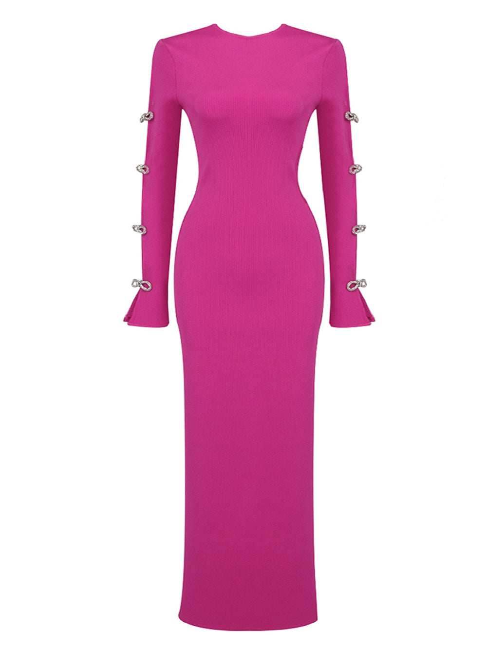 Fuchsia Round Neck Rhinestone Bow Cutout Ribbed High Slit Maxi Dress 3