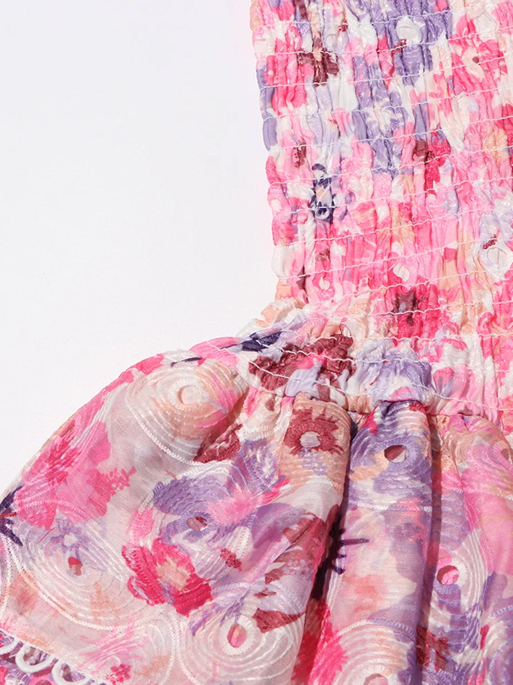 Pink Strapless Shirred Floral Tiered Ruffle Scalloped Trim Mini Dress 11