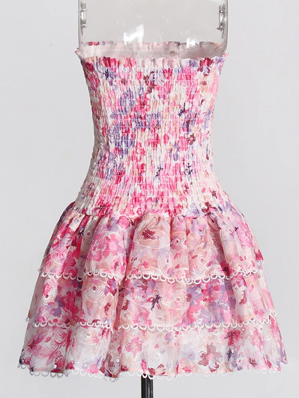 Pink Strapless Shirred Floral Tiered Ruffle Scalloped Trim Mini Dress 9