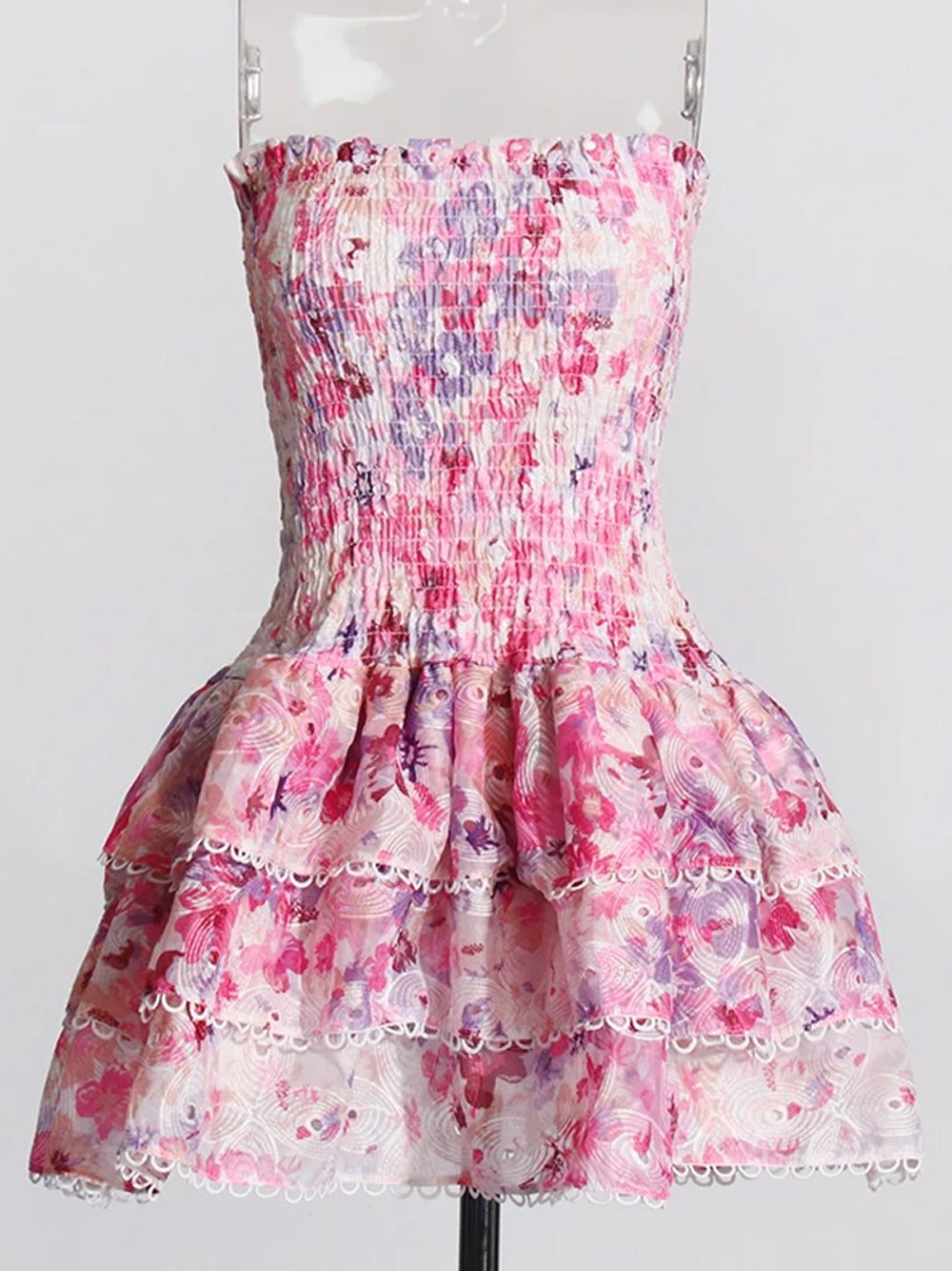 Pink Strapless Shirred Floral Tiered Ruffle Scalloped Trim Mini Dress 7