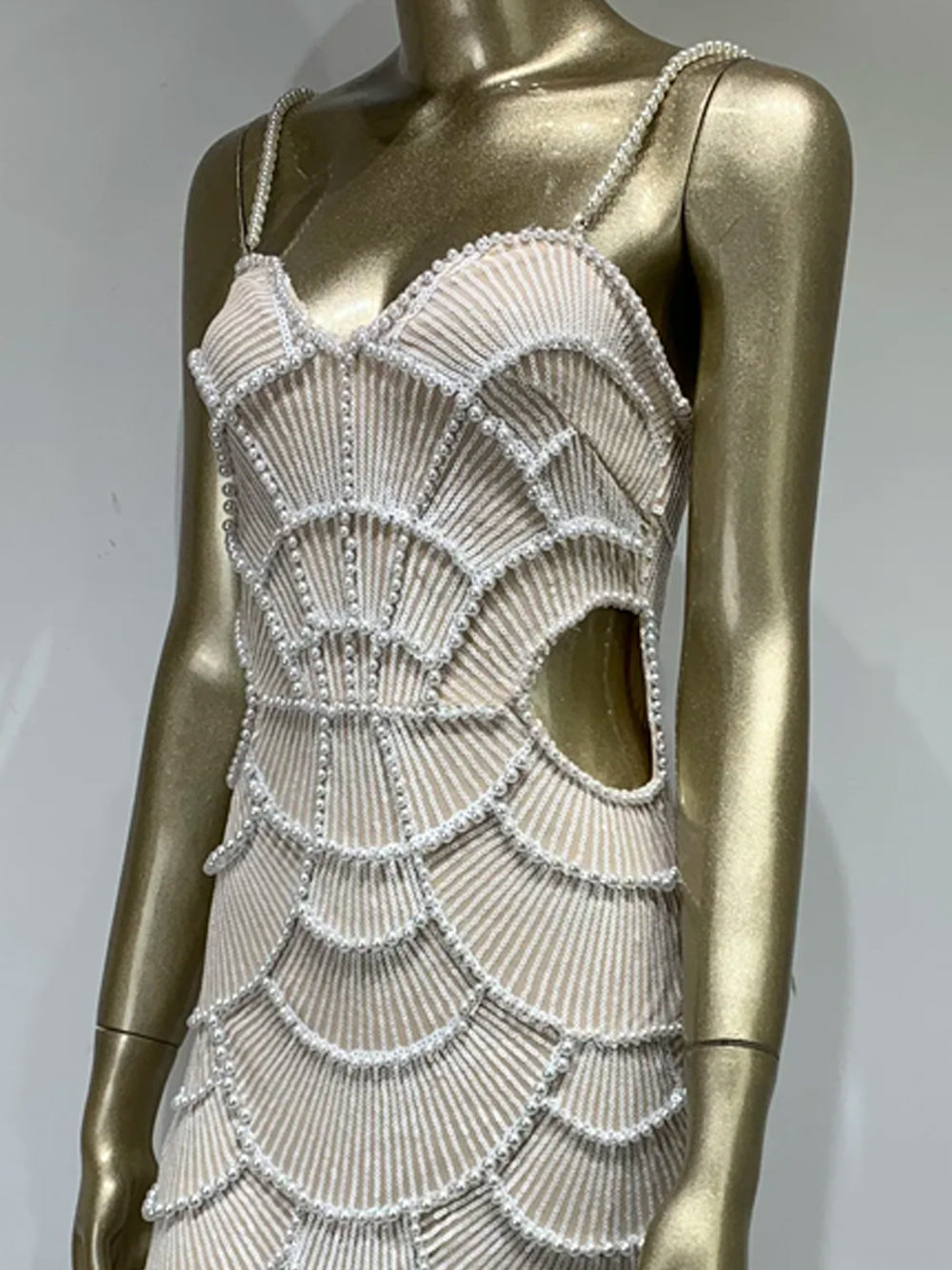 White Sweetheart Neck Pearl Beaded Cutout Bodycon Midi Dress 8