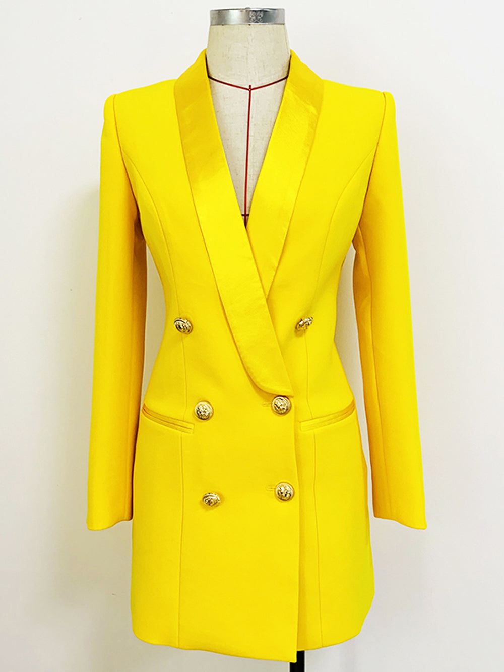 Yellow Shawl Lapel Double Breasted Gold Button Blazer Mini Dress 5