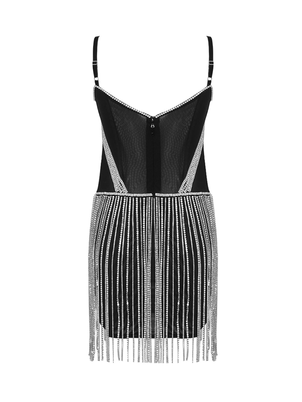 Black Spaghetti Strap Rhinestone Bustier Mesh Chain Fringe Bodycon Mini Dress 2