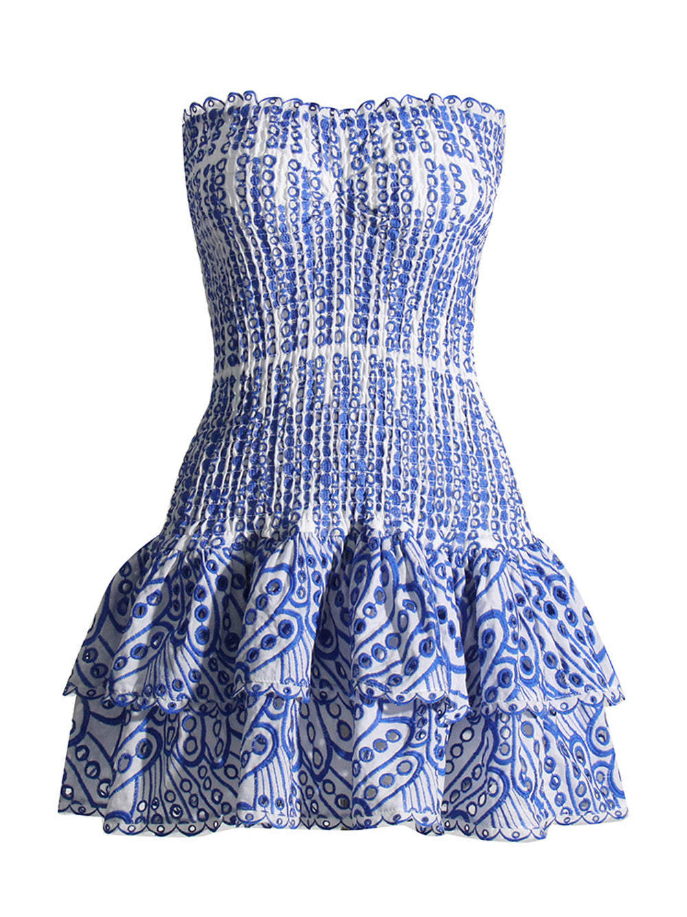 Strapless Shirred Bodice Eyelet Tiered Ruffle Bodycon Mini Dress 6