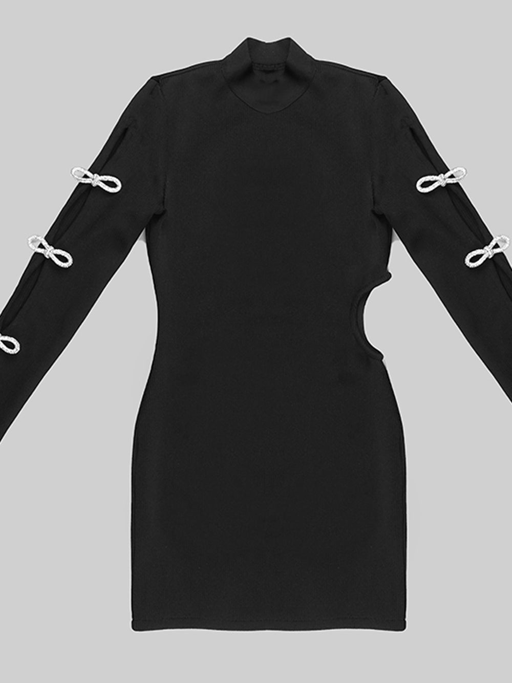 Black Mock Neck Long Sleeve Rhinestone Bow Cutout Ribbed Knit Mini Dress