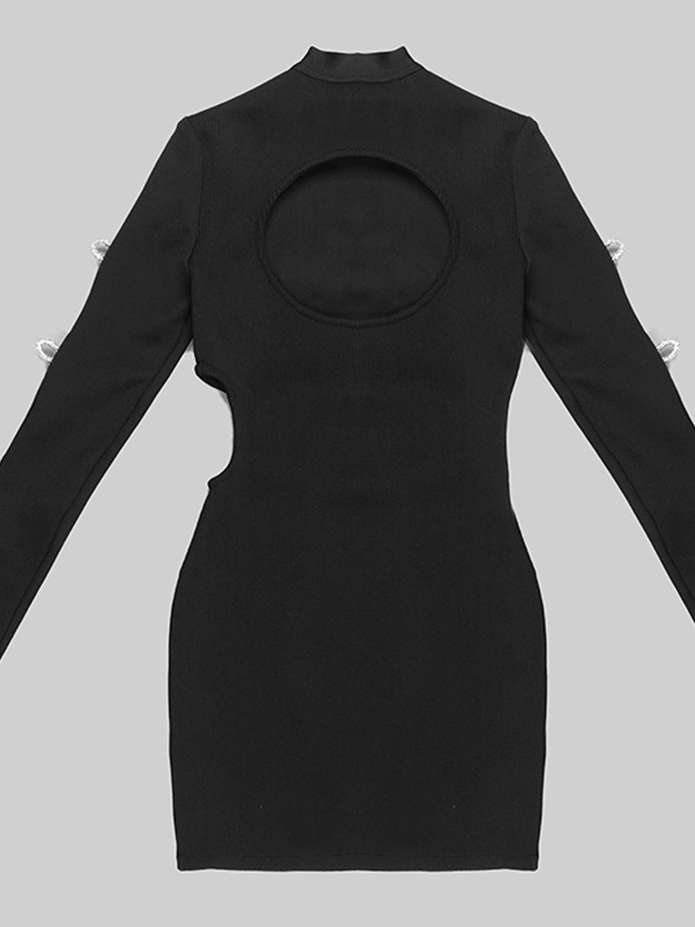 Black Mock Neck Long Sleeve Rhinestone Bow Cutout Ribbed Knit Mini Dress
