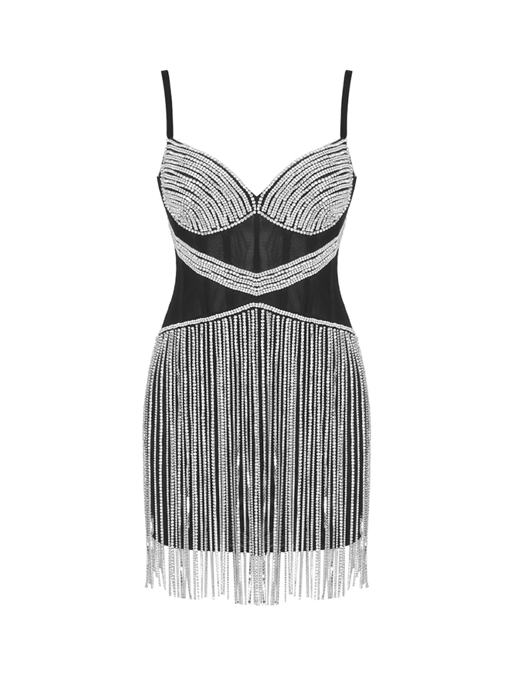 Black Spaghetti Strap Rhinestone Bustier Mesh Chain Fringe Bodycon Mini Dress