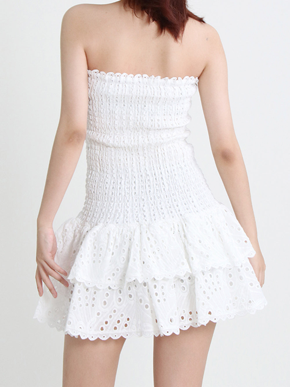 Strapless Shirred Bodice Eyelet Tiered Ruffle Bodycon Mini Dress 17