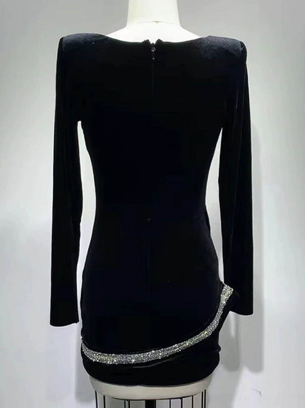 Black Deep V-Neck Rhinestone Swirl Velvet Long Sleeve Bodycon Mini Dress 14