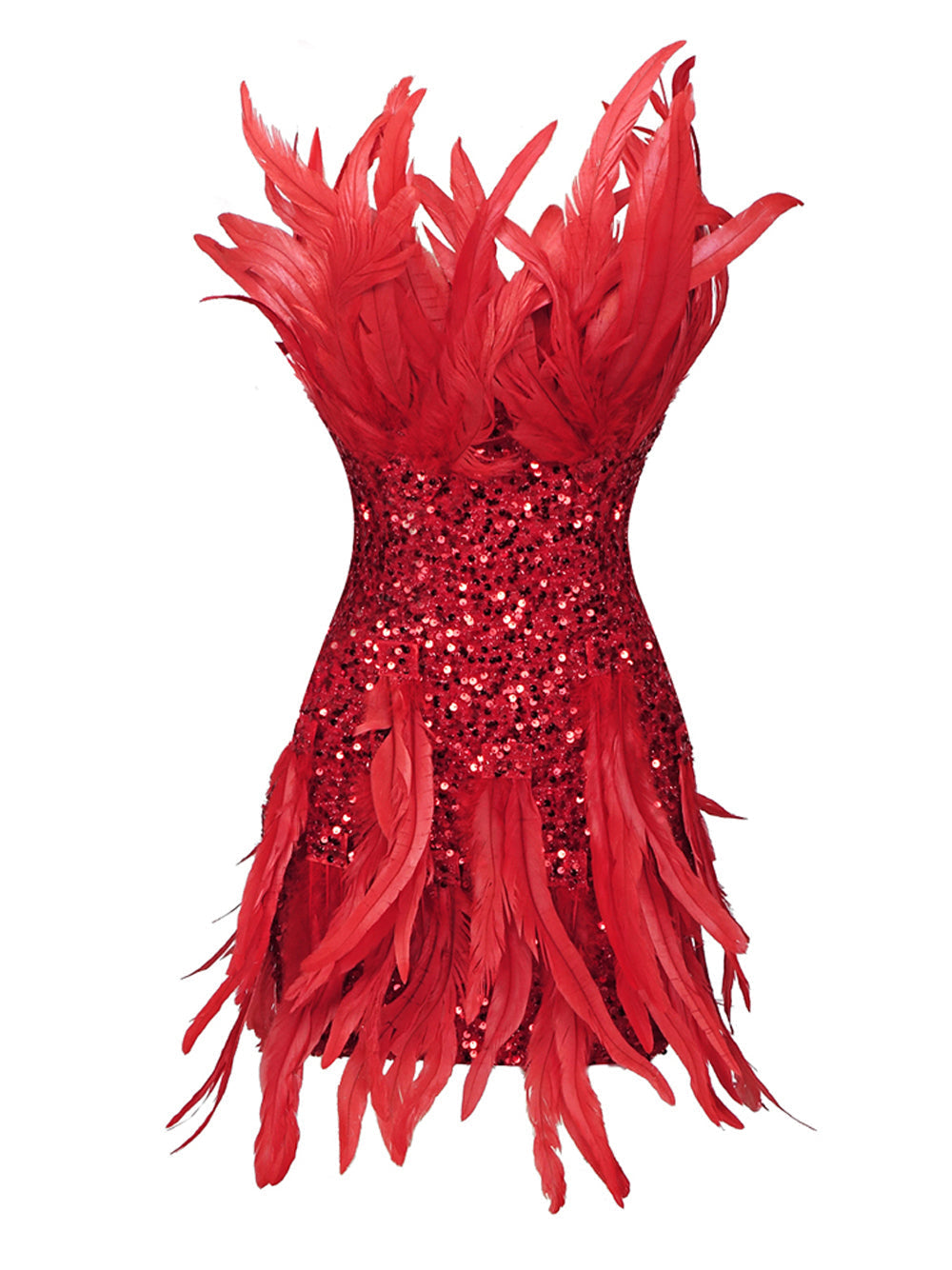 Red Strapless Sequin Feather Trim Bodycon Mini Dress