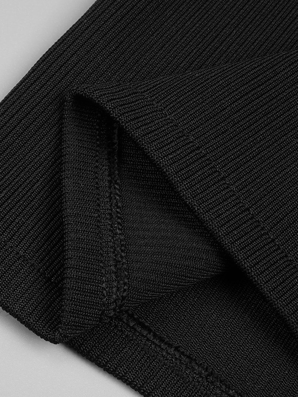 Black Mock Neck Long Sleeve Rhinestone Bow Cutout Ribbed Knit Mini Dress