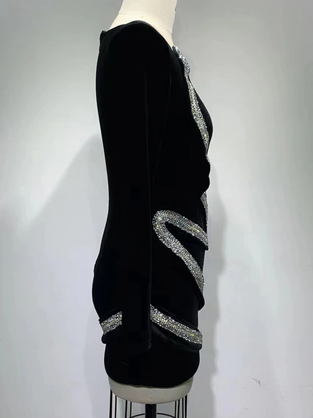 Black Deep V-Neck Rhinestone Swirl Velvet Long Sleeve Bodycon Mini Dress 13