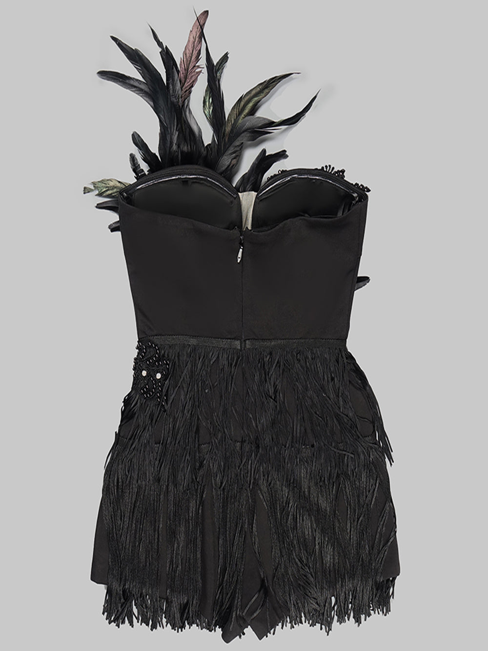 Black Strapless Feather Beaded Applique Fringe Bodycon Mini Dress