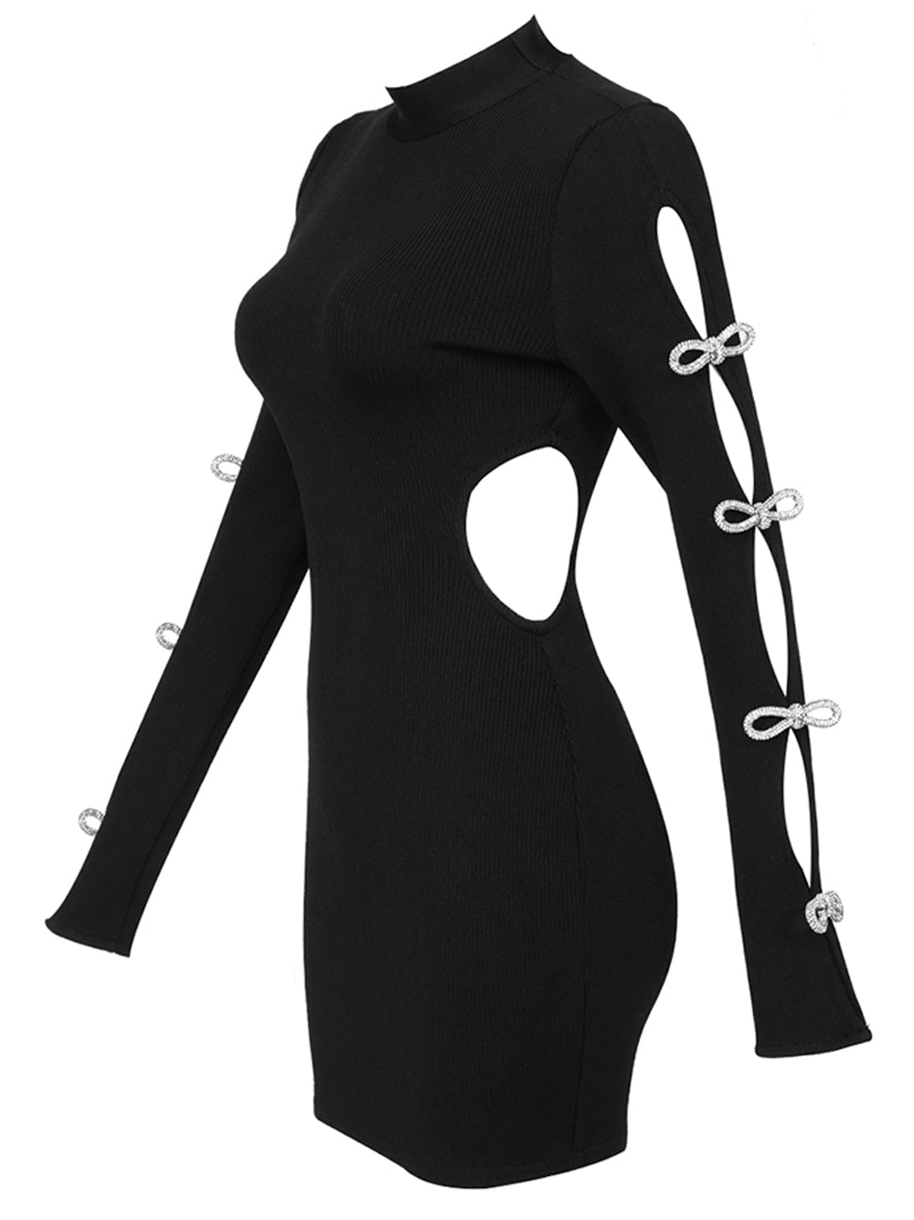Black Mock Neck Long Sleeve Rhinestone Bow Cutout Ribbed Knit Mini Dress