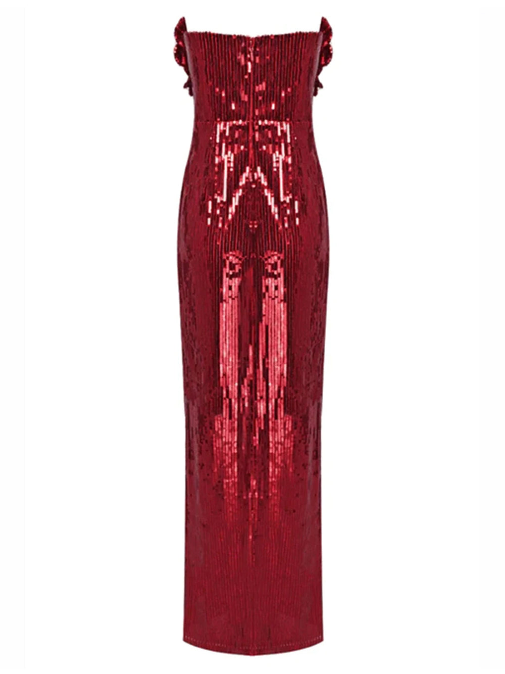 Red Strapless Floral Applique Sequin High Slit Column Gown
