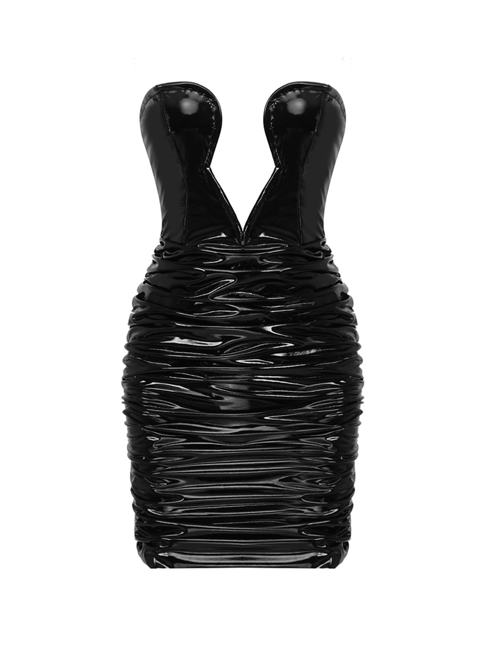 Black Strapless Plunge Patent Leather Ruched Bodycon Mini Dress