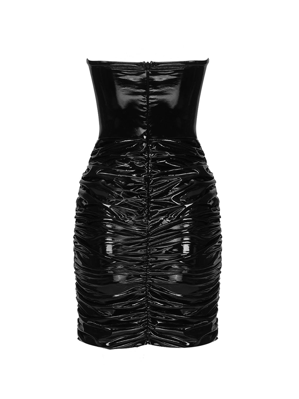 Black Strapless Plunge Patent Leather Ruched Bodycon Mini Dress 2