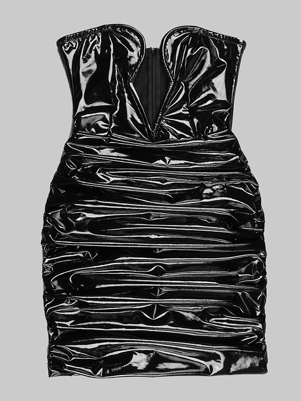 Black Strapless Plunge Patent Leather Ruched Bodycon Mini Dress 3