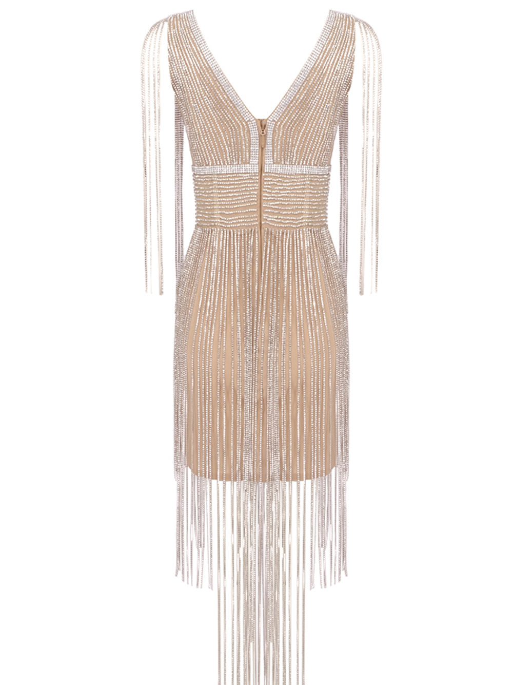 Beige V-Neck Rhinestone Tassel Fringe Bodycon Mini Dress