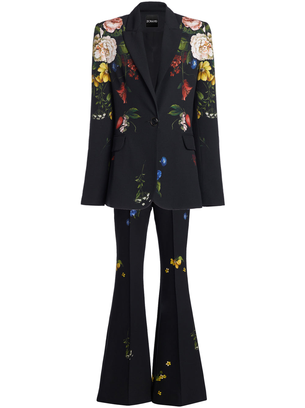 Black Floral Print Lapel Blazer and Flared Pants Set