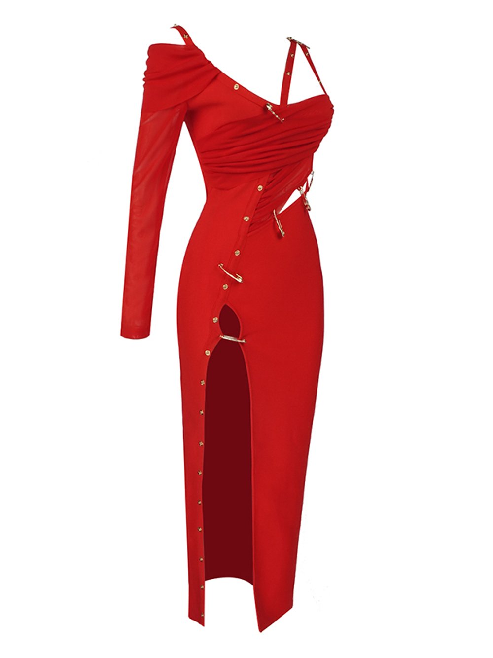 Red Asymmetric Strap Safety Pin Ruched High Slit Bodycon Maxi Dress 5