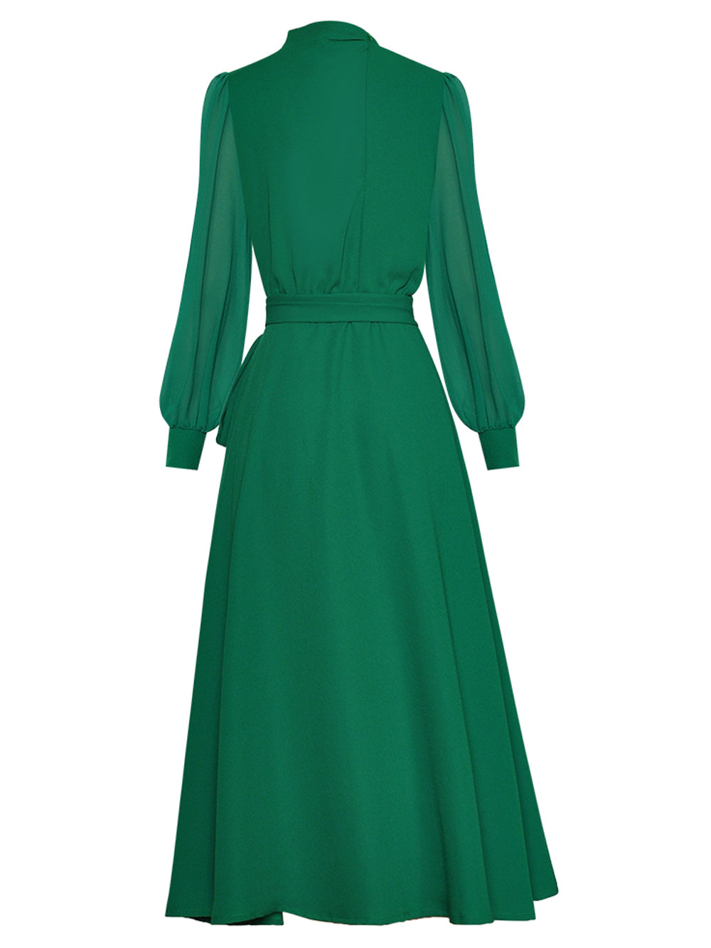 Green Mock Neck Sheer Sleeve Waist Tie A-Line Midi Dress 2