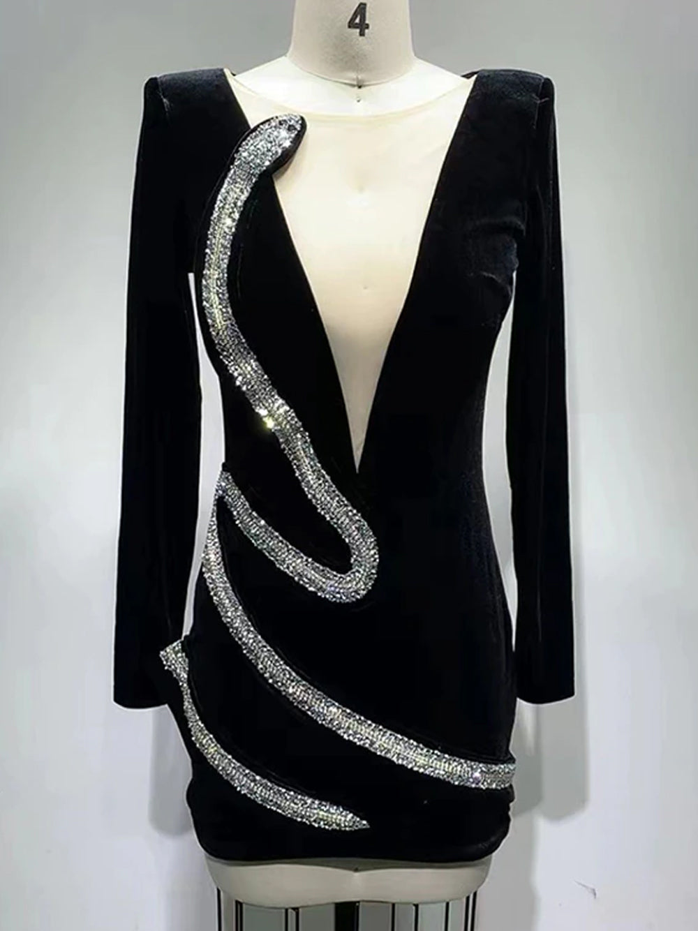 Black Deep V-Neck Rhinestone Swirl Velvet Long Sleeve Bodycon Mini Dress 12