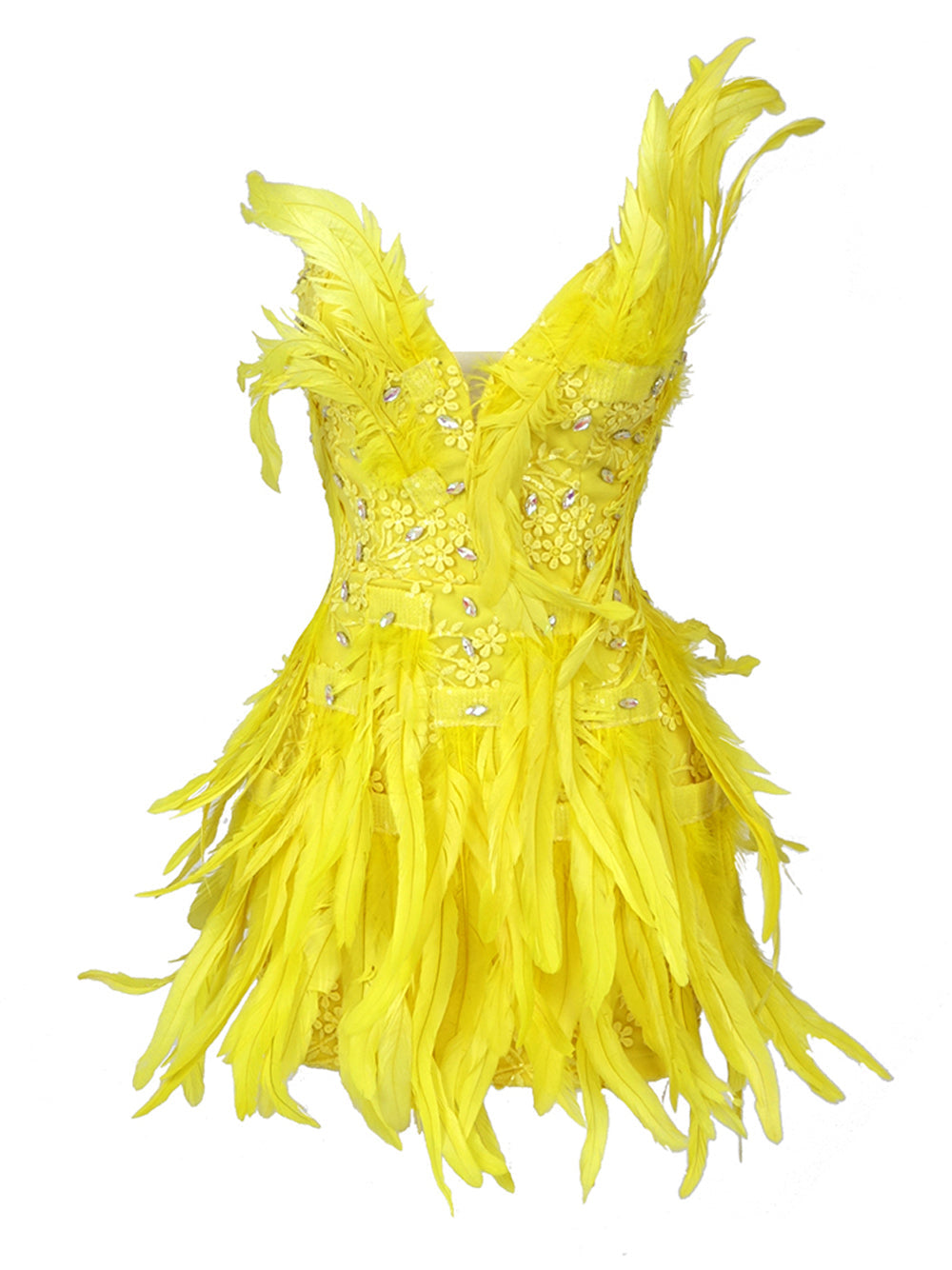 Yellow V-Neck Rhinestone Feather Embellished Bodycon Mini Dress