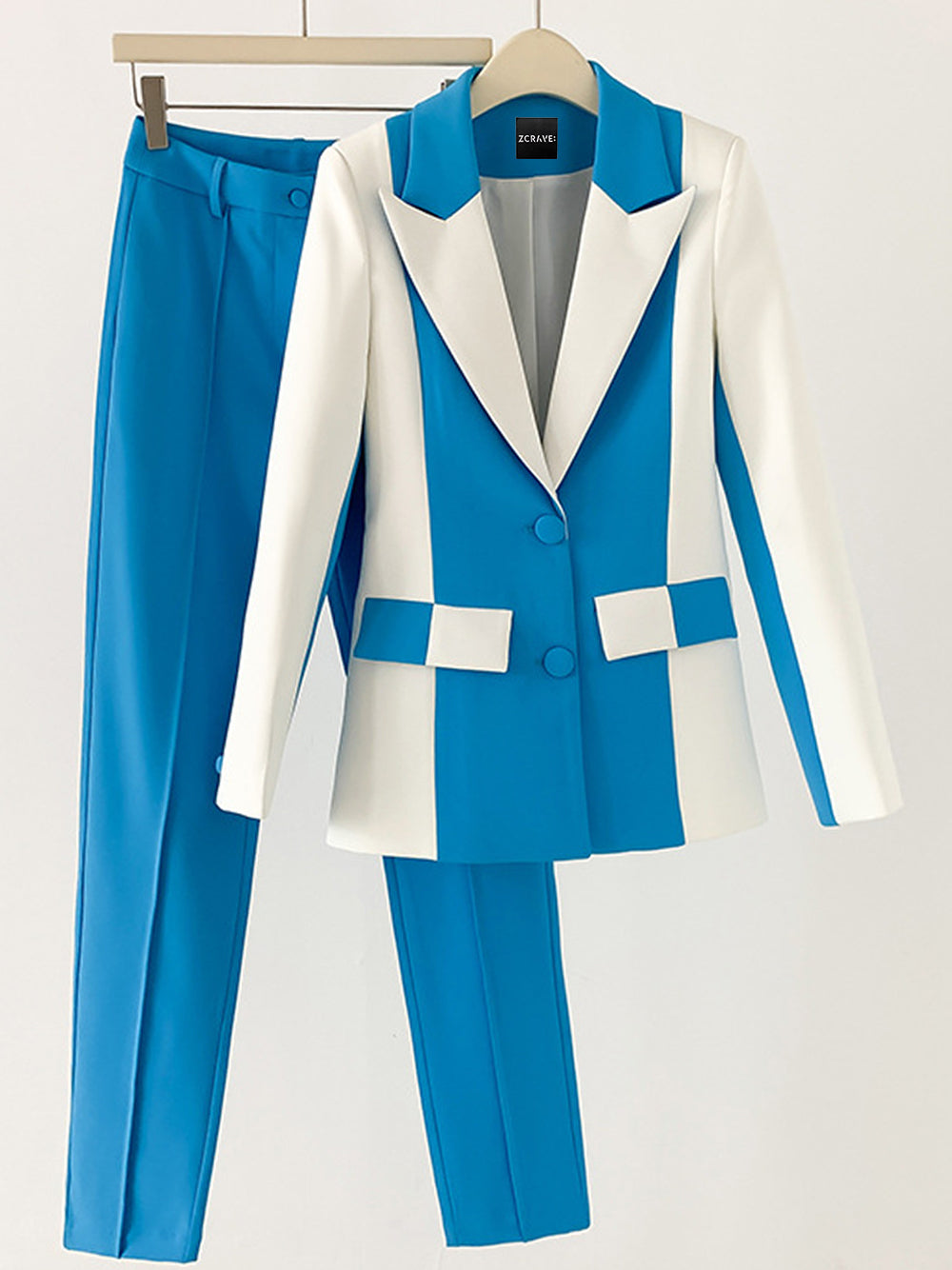 Blue Notch Lapel Colorblock Blazer and Slim Pants Set