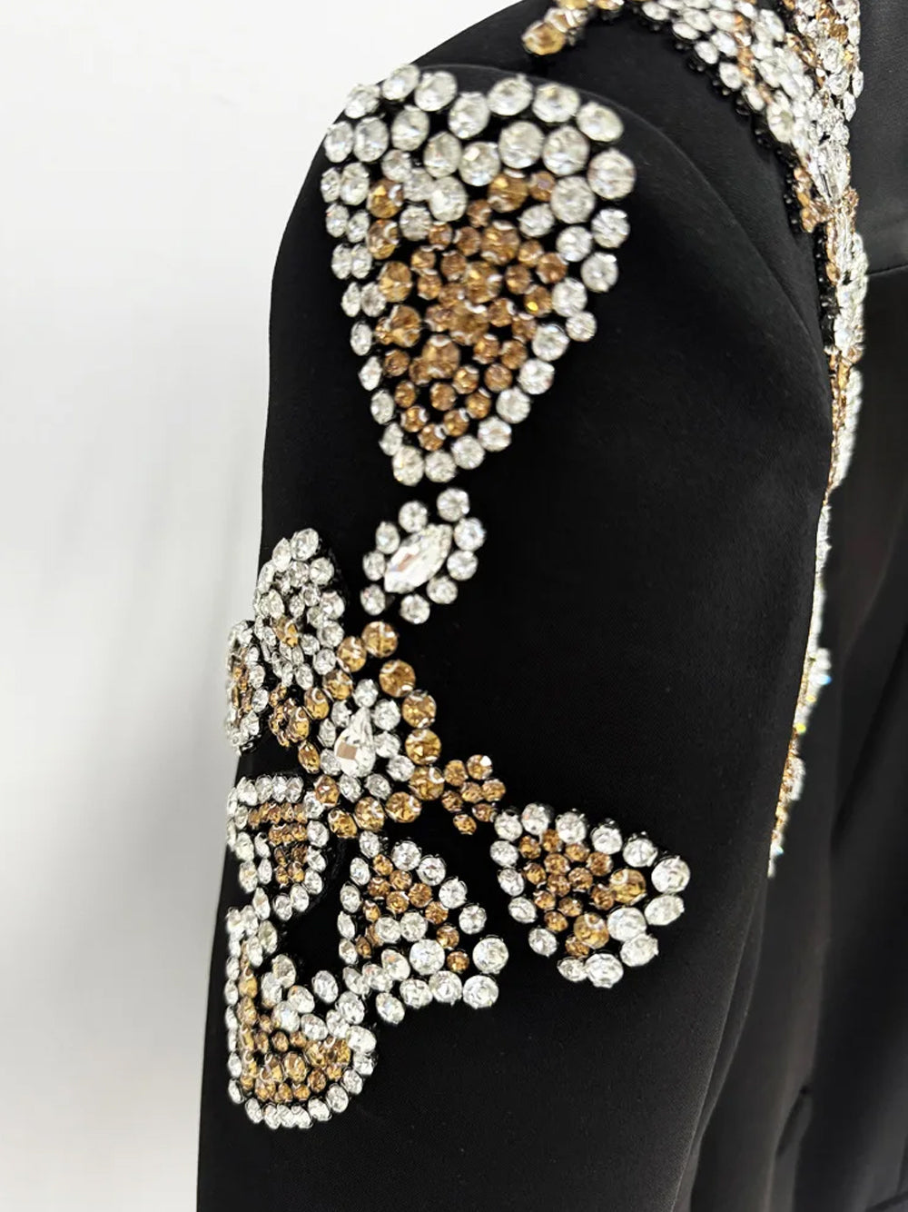 Black Embellished Floral Shoulder Blazer Slit Flared Pants Set 11