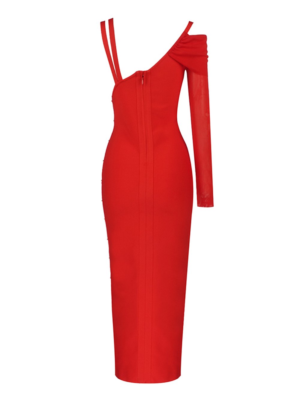 Red Asymmetric Strap Safety Pin Ruched High Slit Bodycon Maxi Dress 6