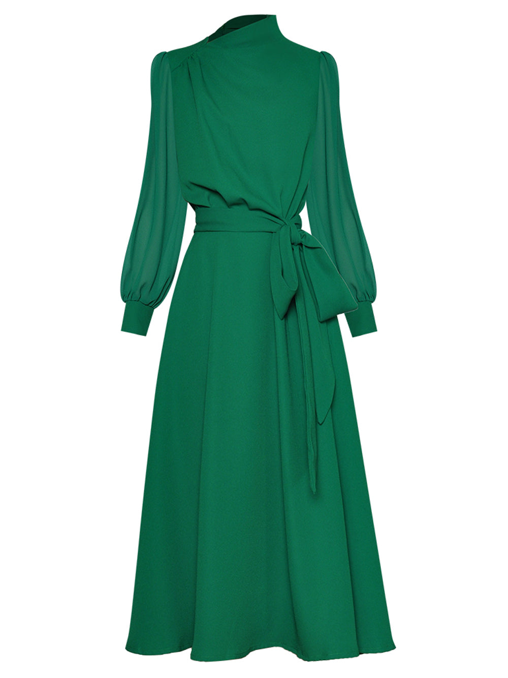 Green Mock Neck Sheer Sleeve Waist Tie A-Line Midi Dress