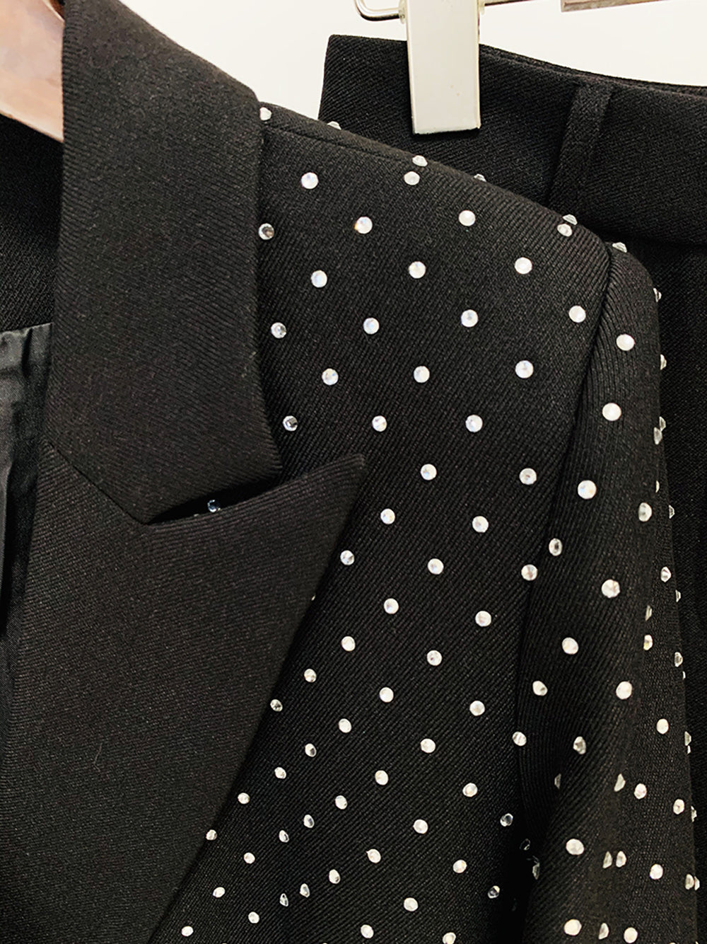 Black Rhinestone Studded Notch Lapel Blazer Flare Pants Set 8