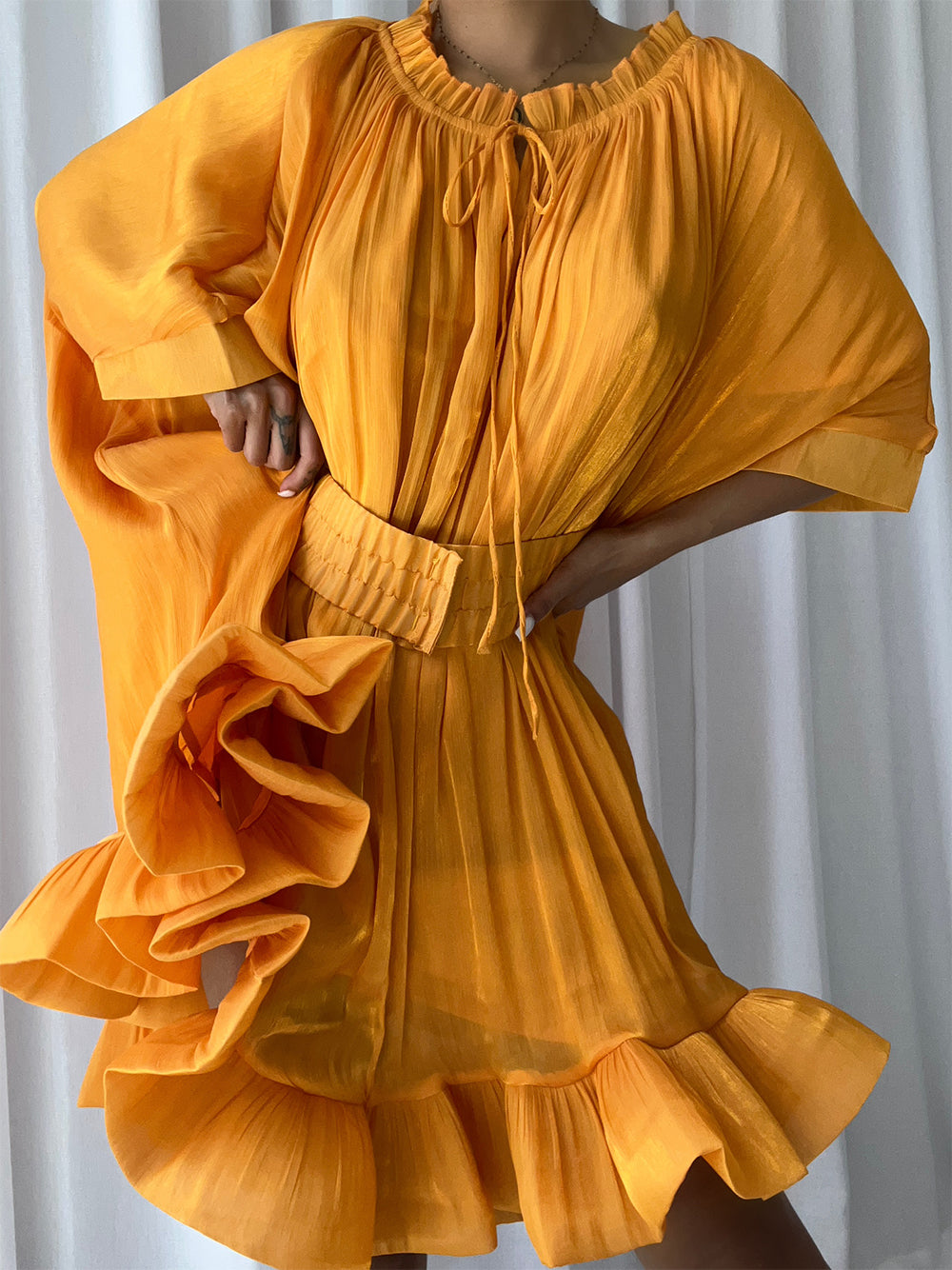 Tie Neck Ruffle Hem Batwing Sleeve Belted Flared Mini Dress
