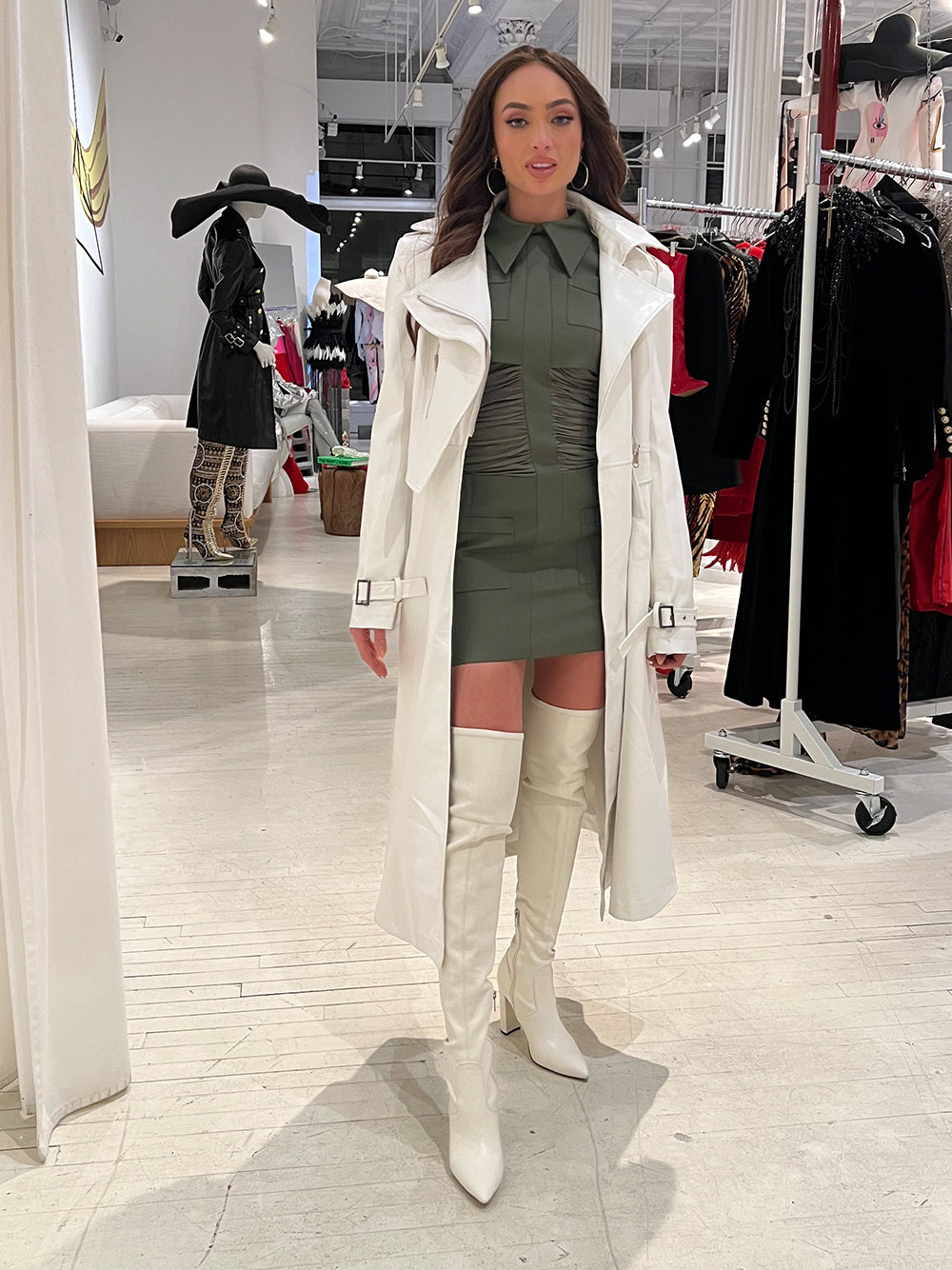 White Lapel Collar Zip Front Buckle Cuff Faux Leather Trench Coat