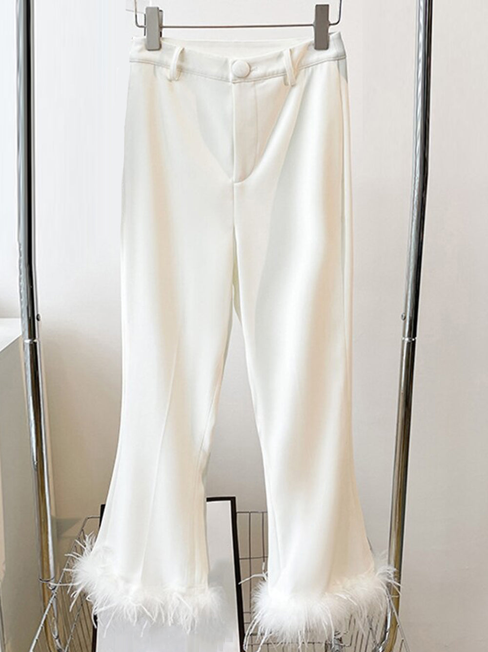 White Feather Trim Peak Lapel Blazer and Pants Set