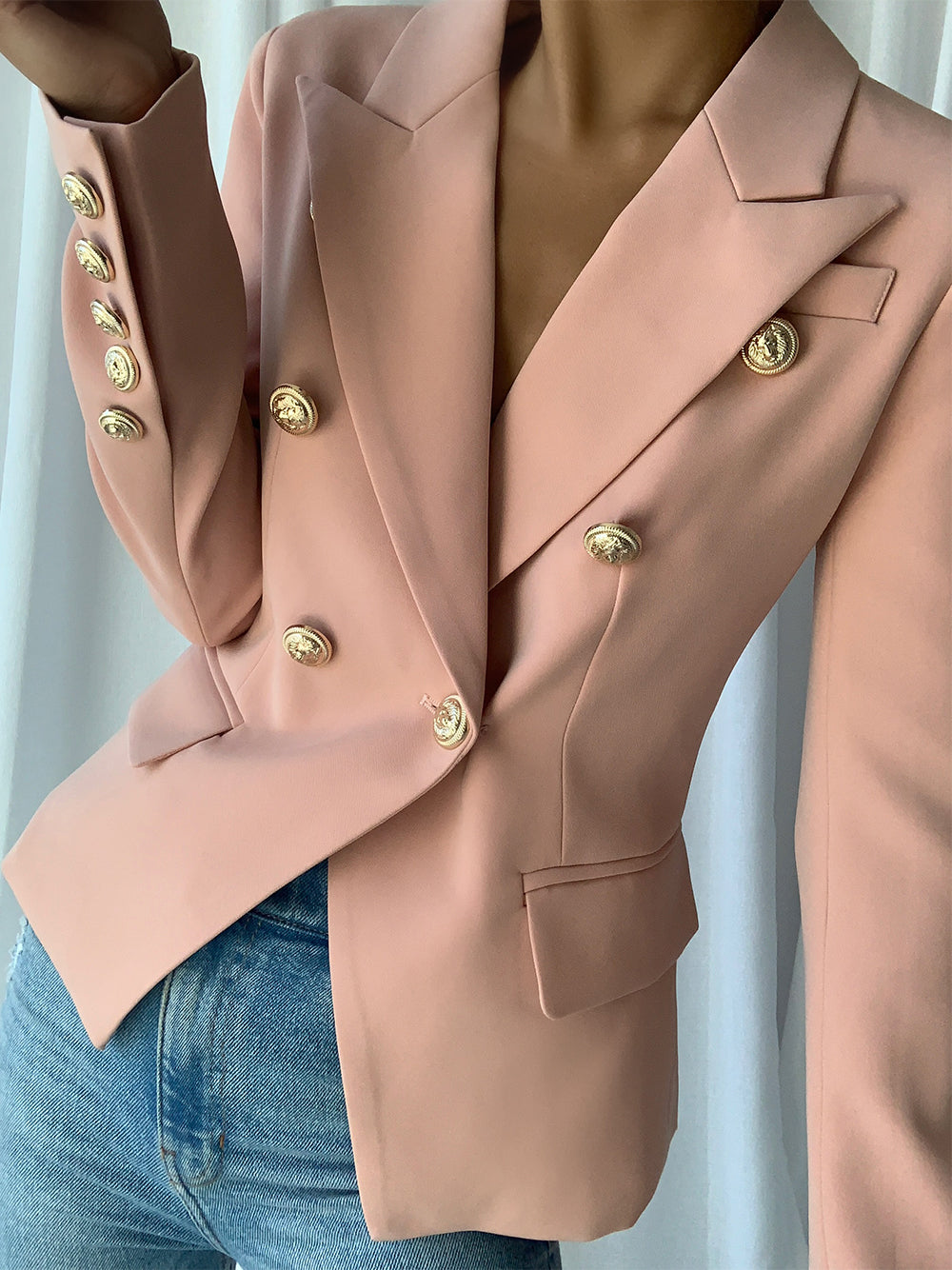 Beige Peak Lapel Gold Button Double Breasted Slim Blazer 2