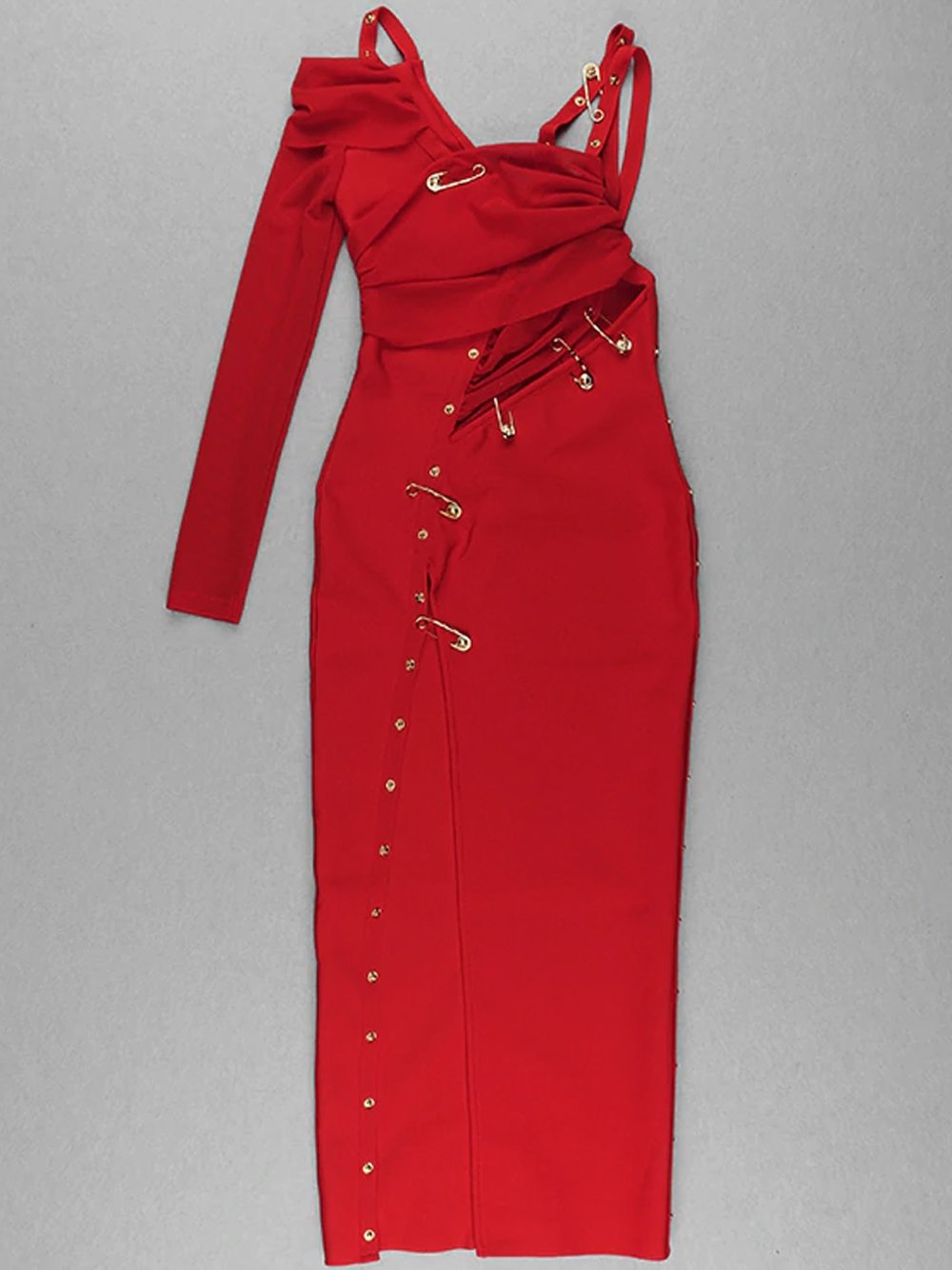Red Asymmetric Strap Safety Pin Ruched High Slit Bodycon Maxi Dress 11